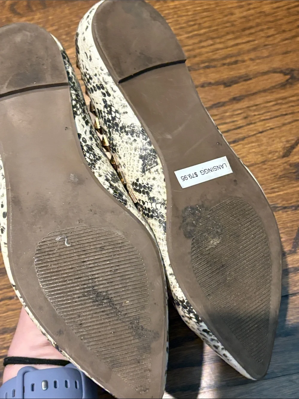 Steve Madden Cream Snake-Print Pointed-Toe Flats with Gold Studs